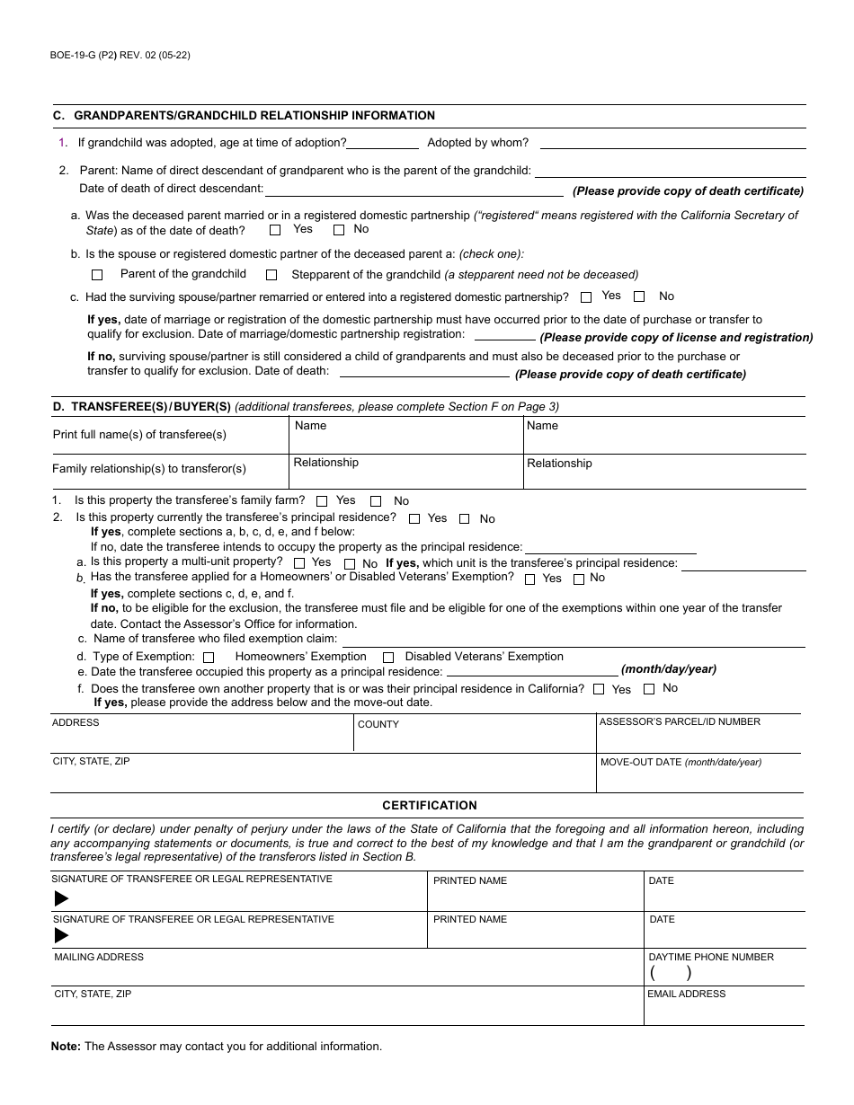 Form BOE-19-G Claim for Reassessment Exclusion for Transfer Between Grandparent and Grandchild - County of San Diego, California, Page 2