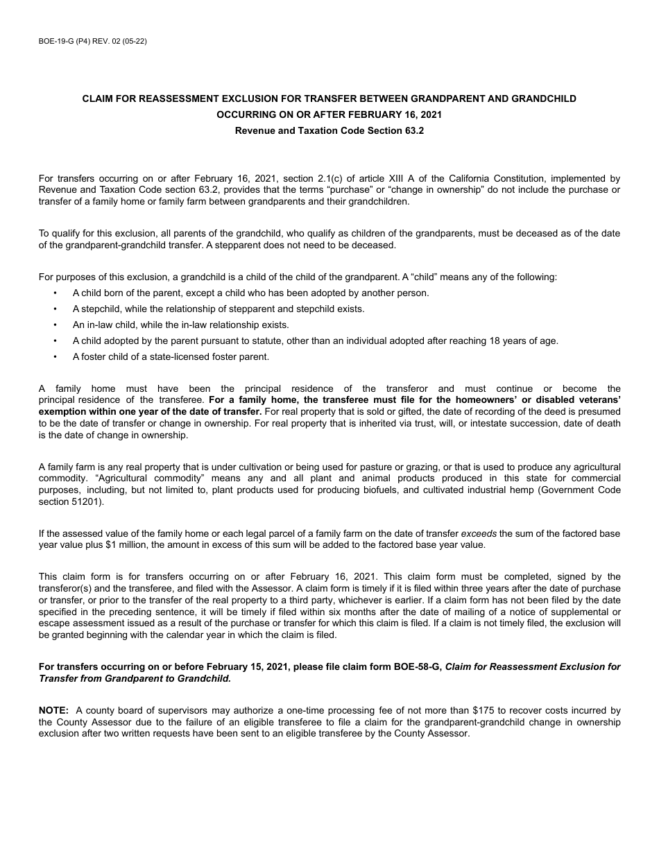 Form BOE-19-G Claim for Reassessment Exclusion for Transfer Between Grandparent and Grandchild - County of San Diego, California, Page 4