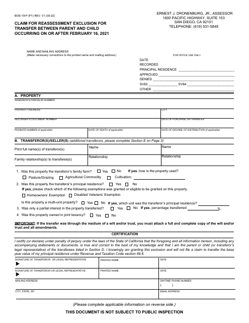 Form BOE-19-P Claim for Reassessment Exclusion for Transfer Between Parent and Child Occurring on or After February 16, 2021 - County of San Diego, California
