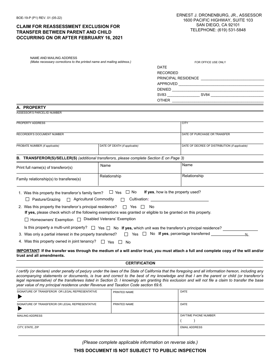 Form BOE-19-P Claim for Reassessment Exclusion for Transfer Between Parent and Child Occurring on or After February 16, 2021 - County of San Diego, California, Page 1