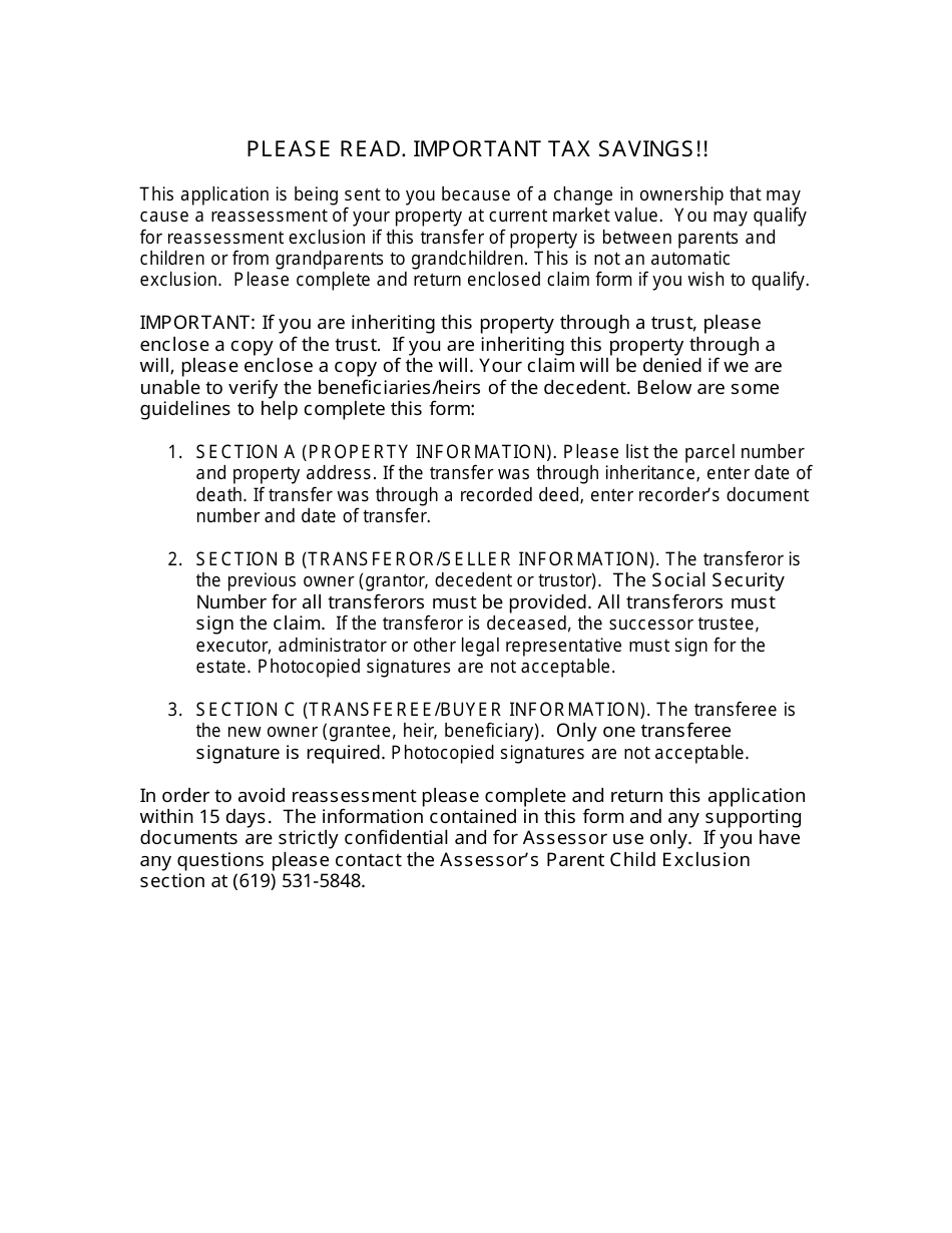 Form BOE-58-AH Claim for Reassessment Exclusion for Transfer Between Parent and Child - County of San Diego, California, Page 1