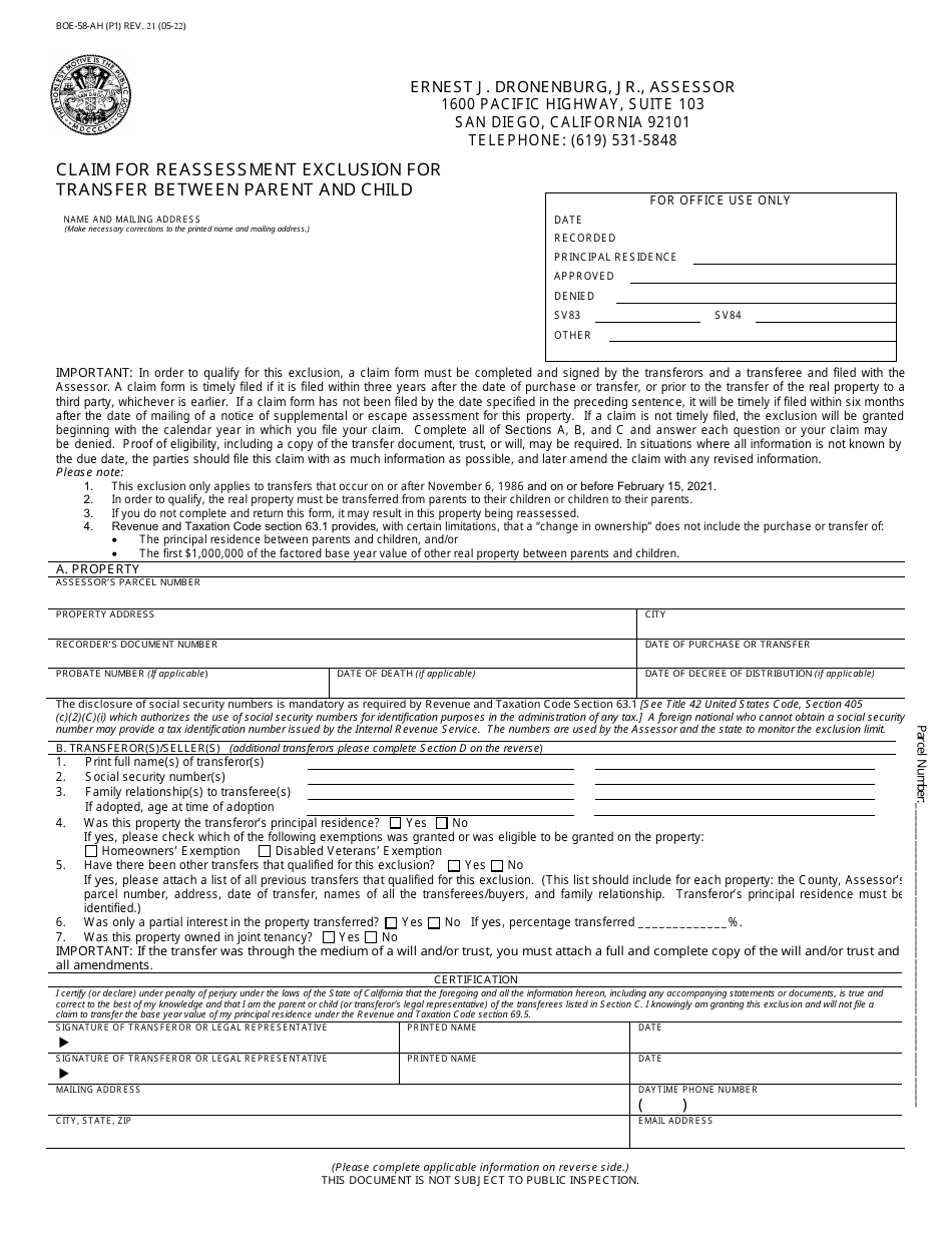 Form BOE58AH Fill Out, Sign Online and Download Fillable PDF
