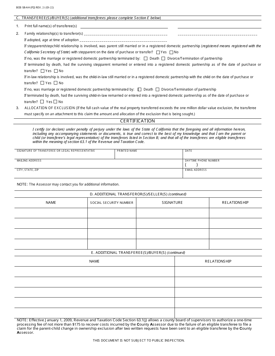 Form BOE58AH Fill Out, Sign Online and Download Fillable PDF