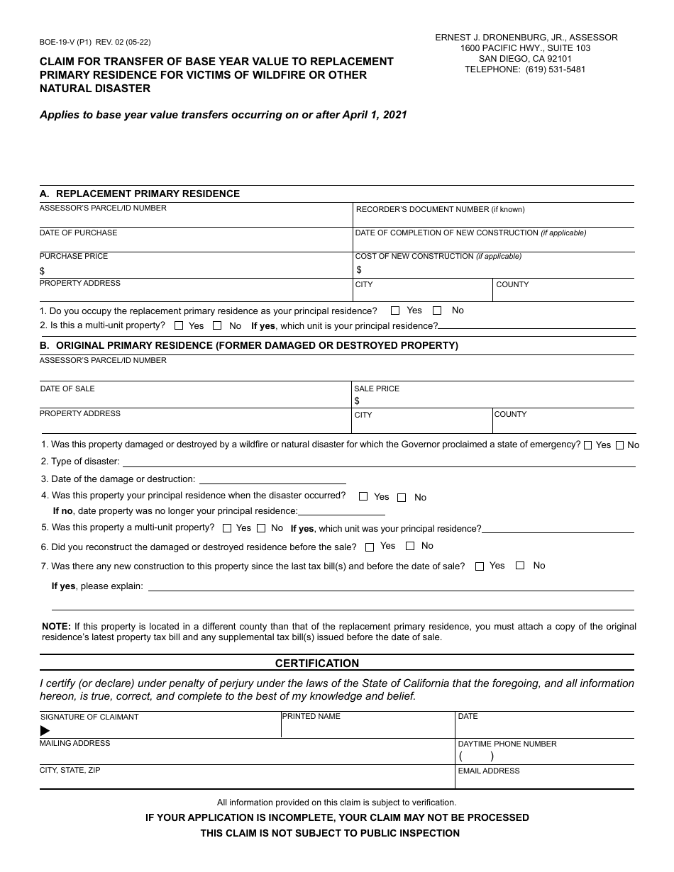 Form BOE-19-V Claim for Transfer of Base Year Value to Replacement Primary Residence for Victims of Wildfire or Other Natural Disaster - County of San Diego, California, Page 1