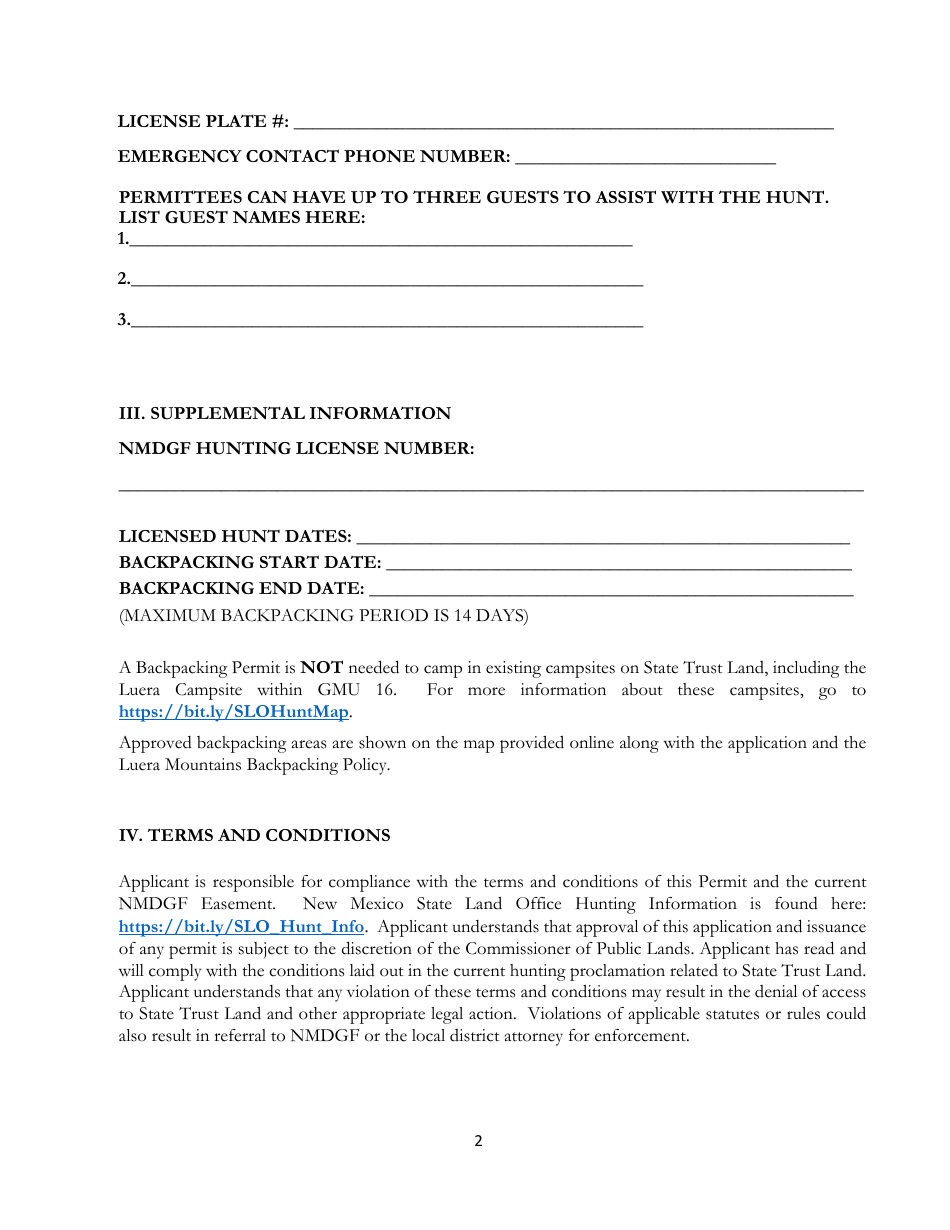 Luera Mountains Backpacking Permit Application - New Mexico, Page 2