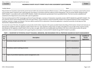 Document preview: DTSC Form 1700 Hazardous Waste Facility Permit Health Risk Assessment Questionnaire - California