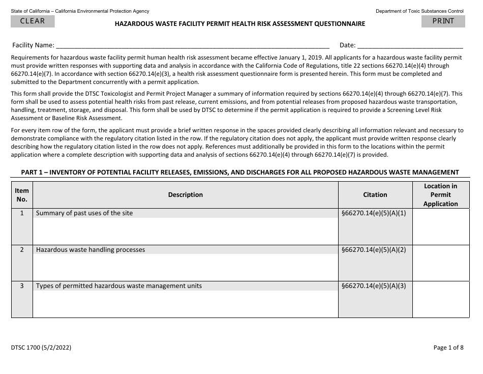 DTSC Form 1700 Hazardous Waste Facility Permit Health Risk Assessment Questionnaire - California, Page 1
