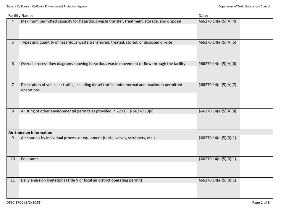 DTSC Form 1700 Hazardous Waste Facility Permit Health Risk Assessment Questionnaire - California, Page 2