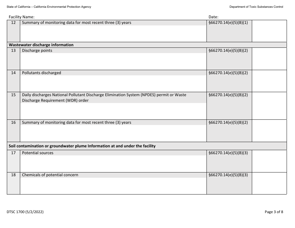 DTSC Form 1700 Hazardous Waste Facility Permit Health Risk Assessment Questionnaire - California, Page 3