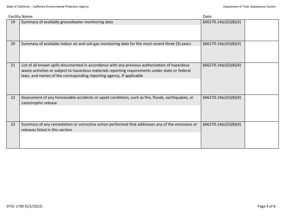 DTSC Form 1700 Hazardous Waste Facility Permit Health Risk Assessment Questionnaire - California, Page 4