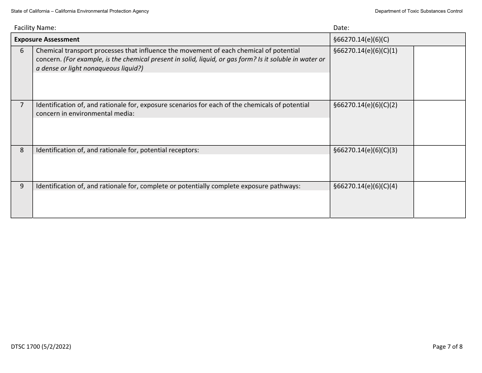 DTSC Form 1700 Hazardous Waste Facility Permit Health Risk Assessment Questionnaire - California, Page 7