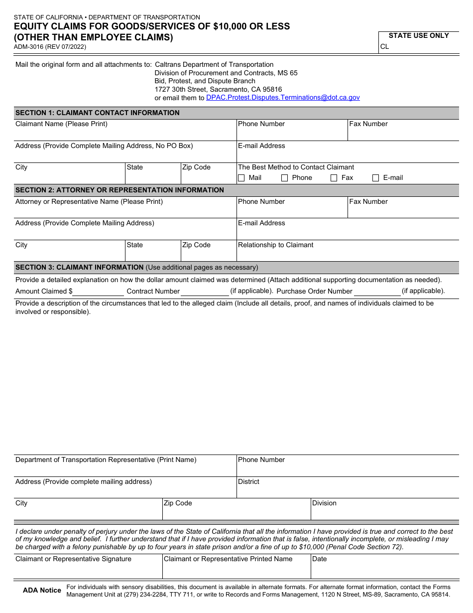 Form ADM-3016 Equity Claims for Goods / Services of $10,000 or Less (Other Than Employee Claims) - California, Page 1