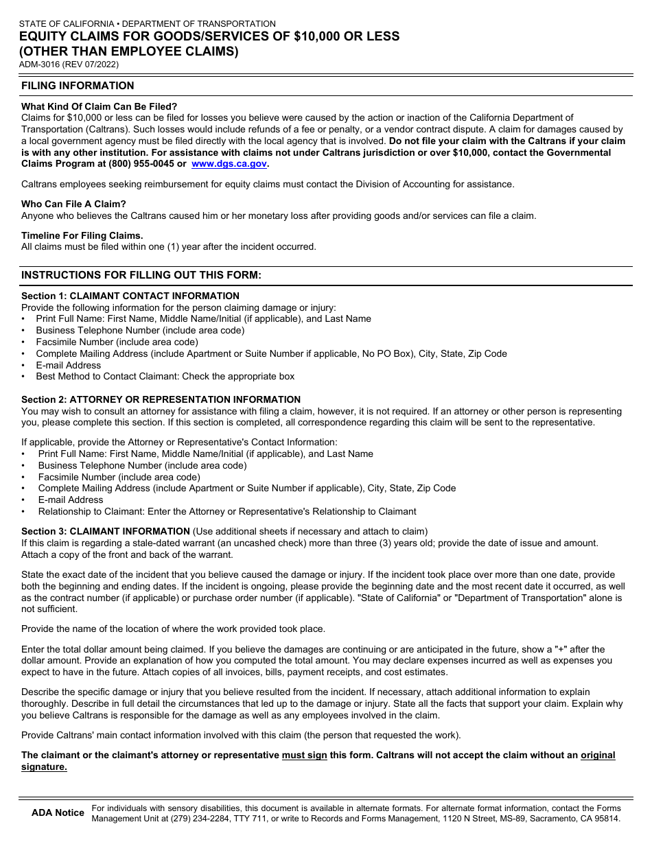 Form ADM-3016 Download Fillable PDF or Fill Online Equity Claims for ...