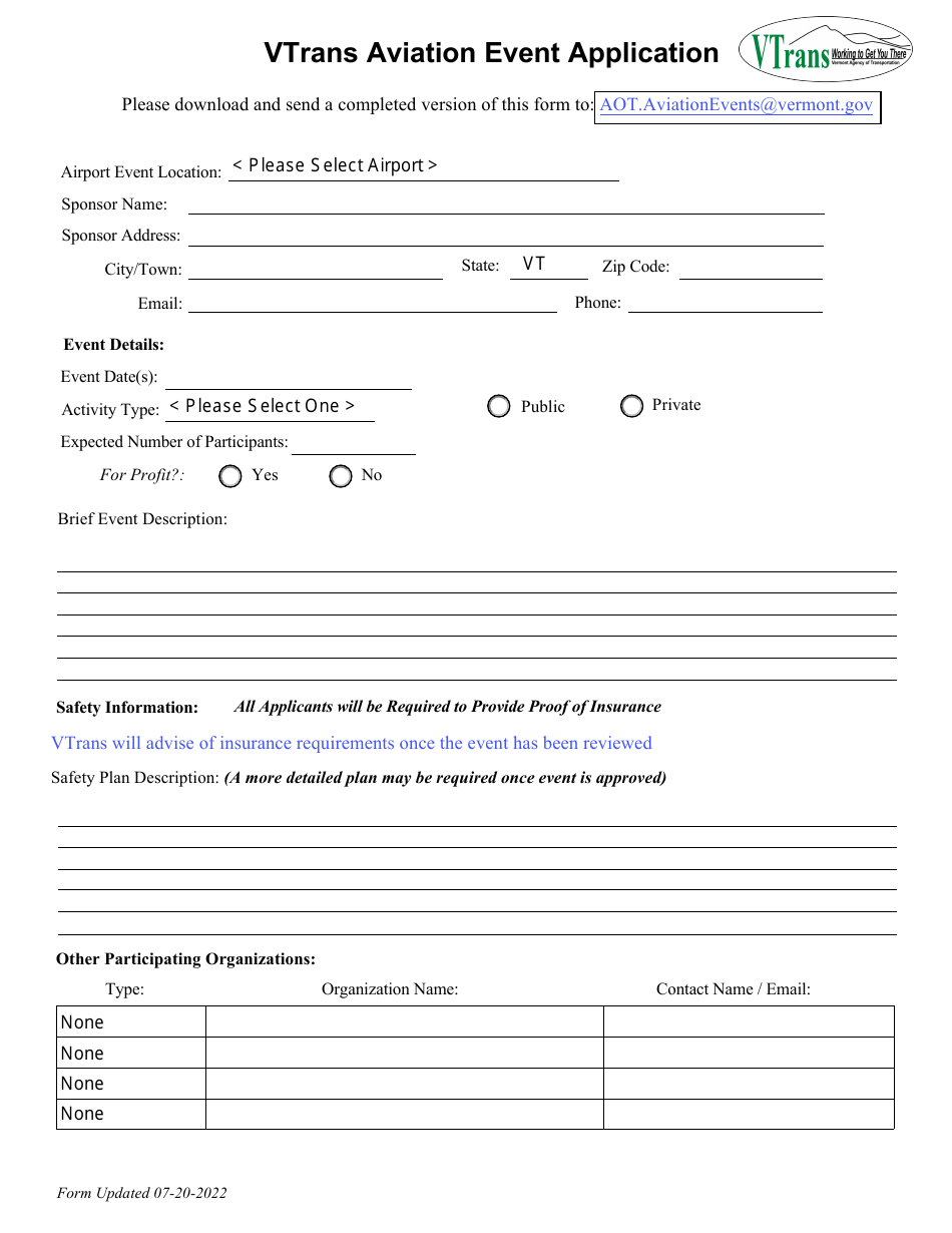 Vtrans Aviation Event Application - Vermont, Page 1