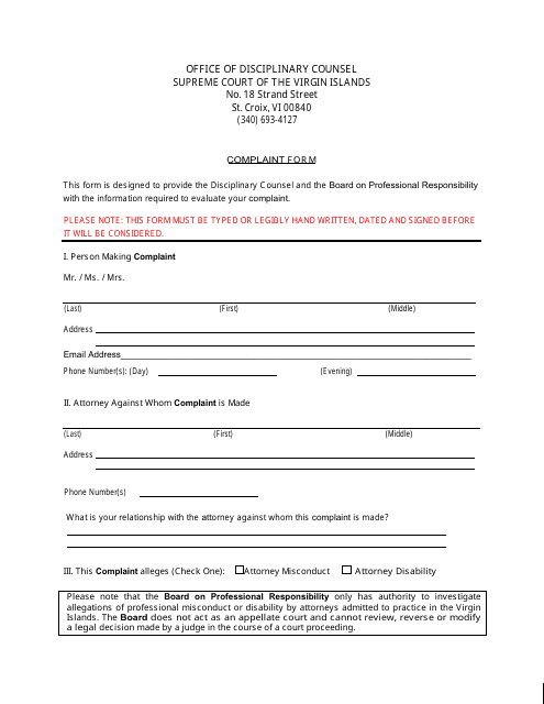 Office of Disciplinary Counsel Complaint Form - Virgin Islands Download Pdf