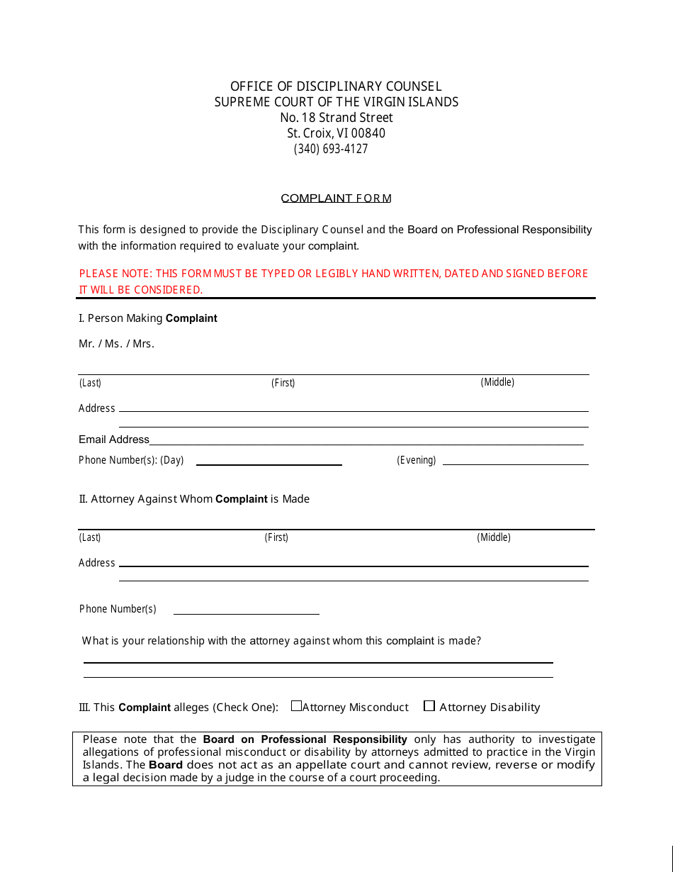 Virgin Islands Office of Disciplinary Counsel Complaint Form - Fill Out ...