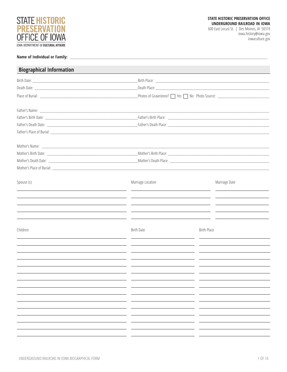 Iowa Underground Railroad in Iowa Biographical Form - Fill Out, Sign ...