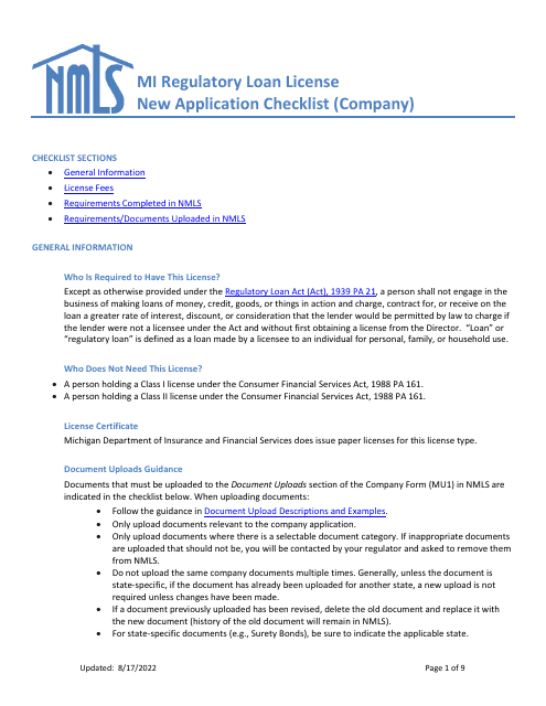 Mi Regulatory Loan License New Application Checklist (Company) - Michigan Download Pdf