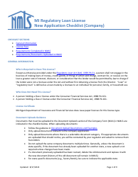 Mi Regulatory Loan License New Application Checklist (Company) - Michigan