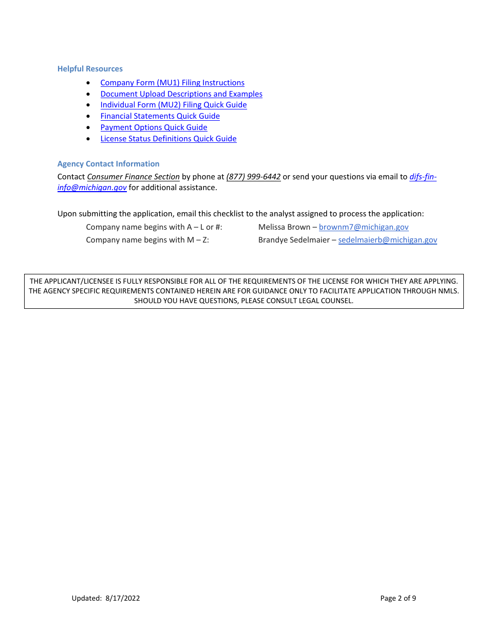 Mi Regulatory Loan License New Application Checklist (Company) - Michigan, Page 2