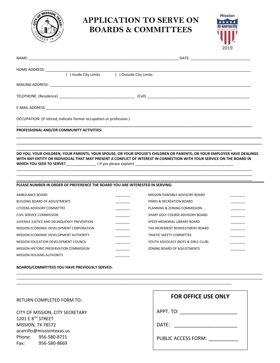 Application to Serve on Boards  Committees - City of Mission, Texas, Page 1