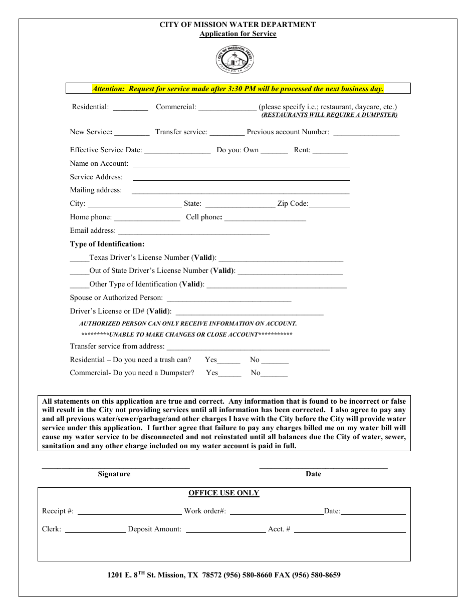 Water Service Application - City of Mission, Texas, Page 1