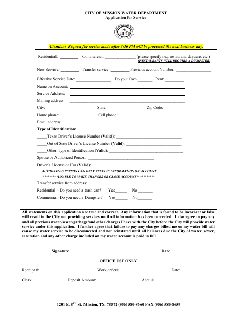 Water Service Application - City of Mission, Texas Download Pdf