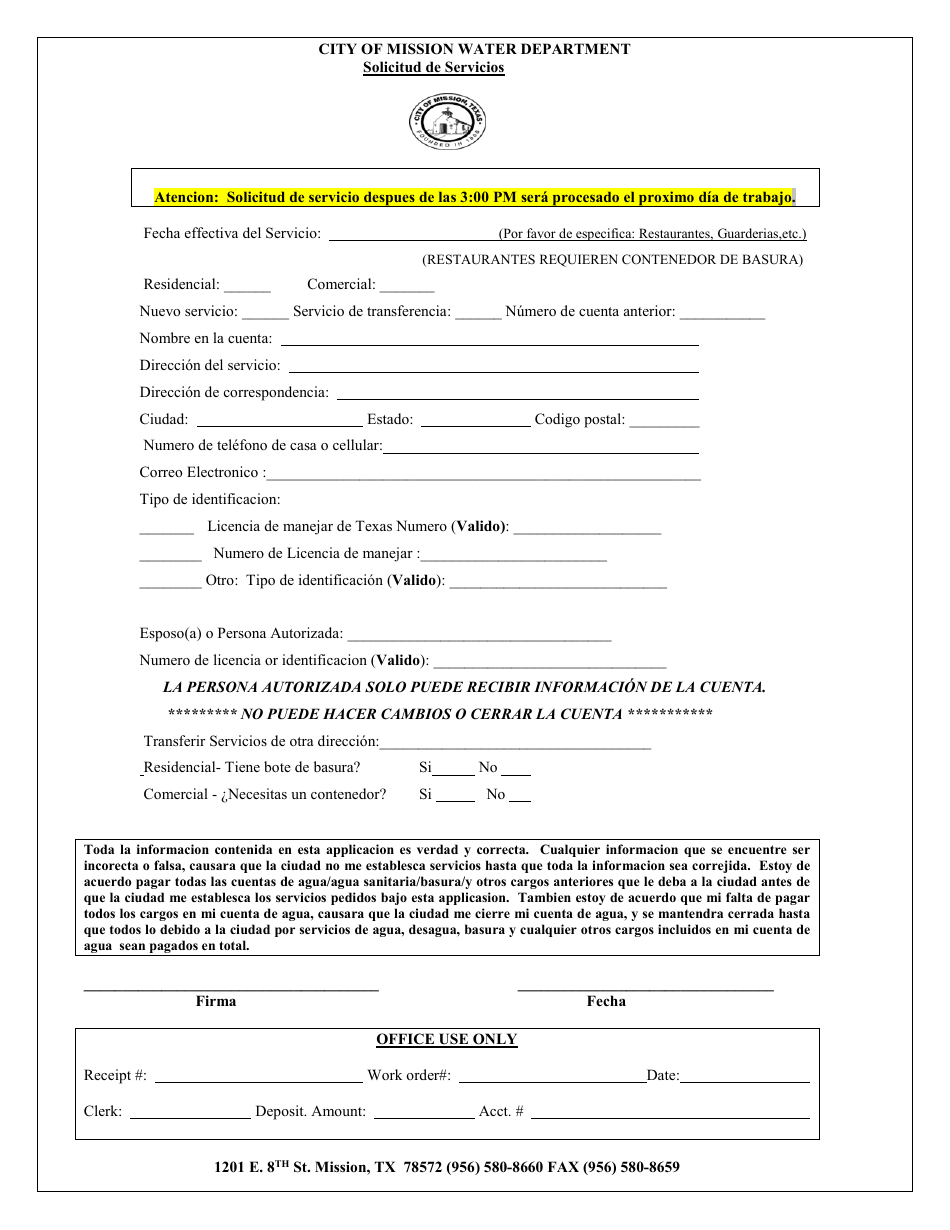City of Mission, Texas Solicitud De Servicios Fill Out, Sign Online