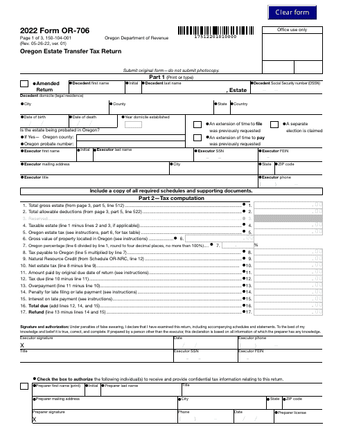Form OR-706 (150-104-001) 2022 Printable Pdf