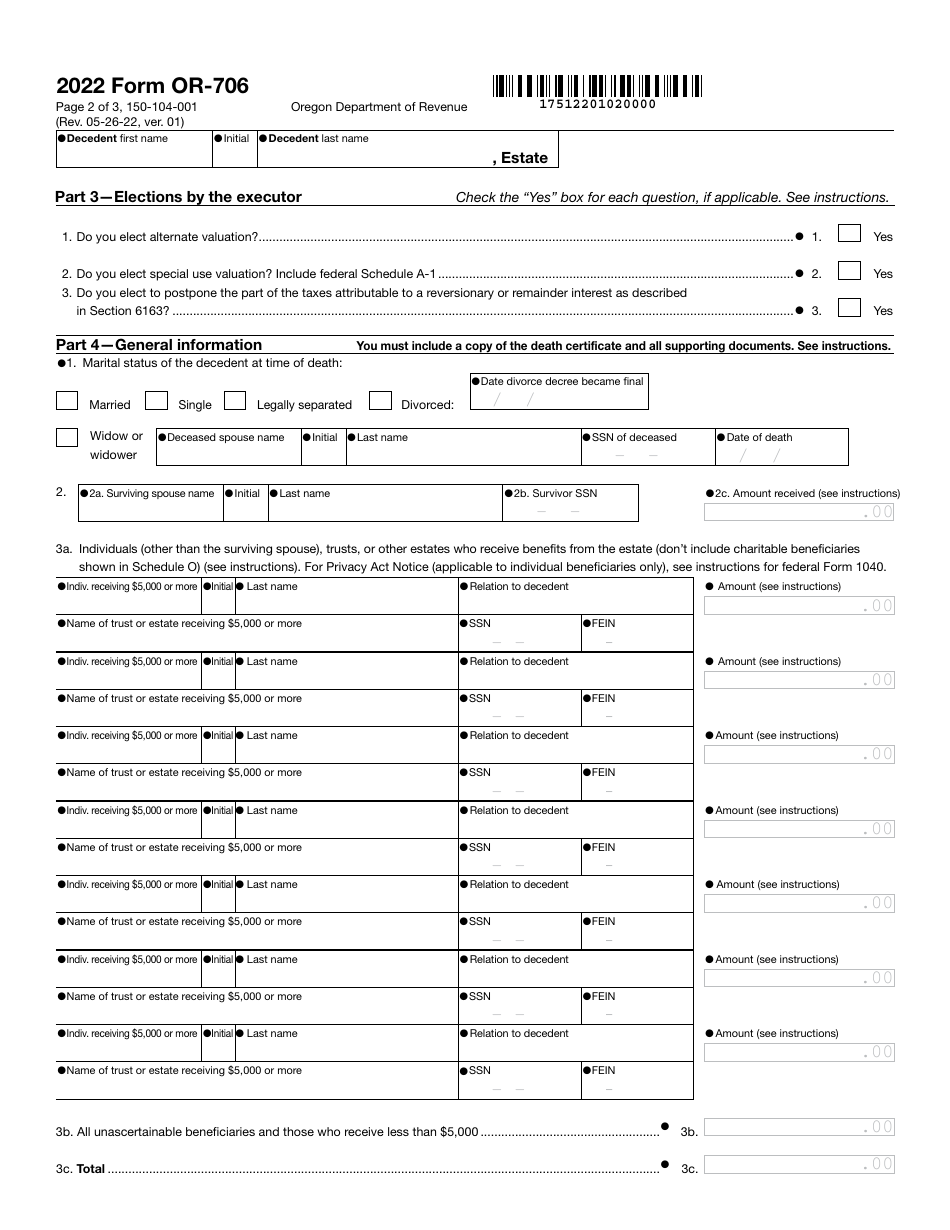 Form OR-706 (150-104-001) Oregon Estate Transfer Tax Return - Oregon, Page 2