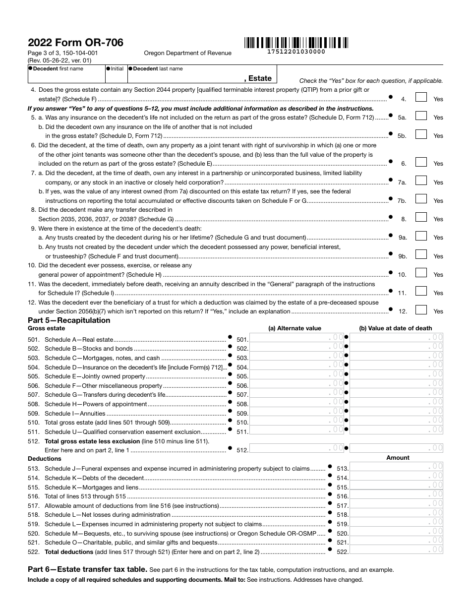 Form OR-706 (150-104-001) Oregon Estate Transfer Tax Return - Oregon, Page 3