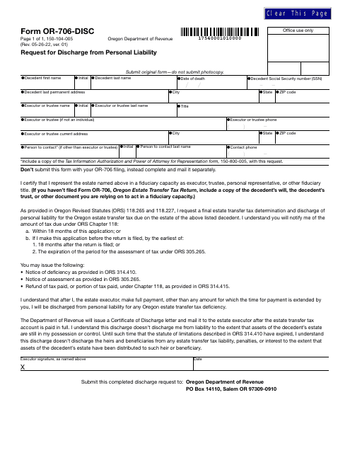 Form OR-706-DISC (150-104-005)  Printable Pdf
