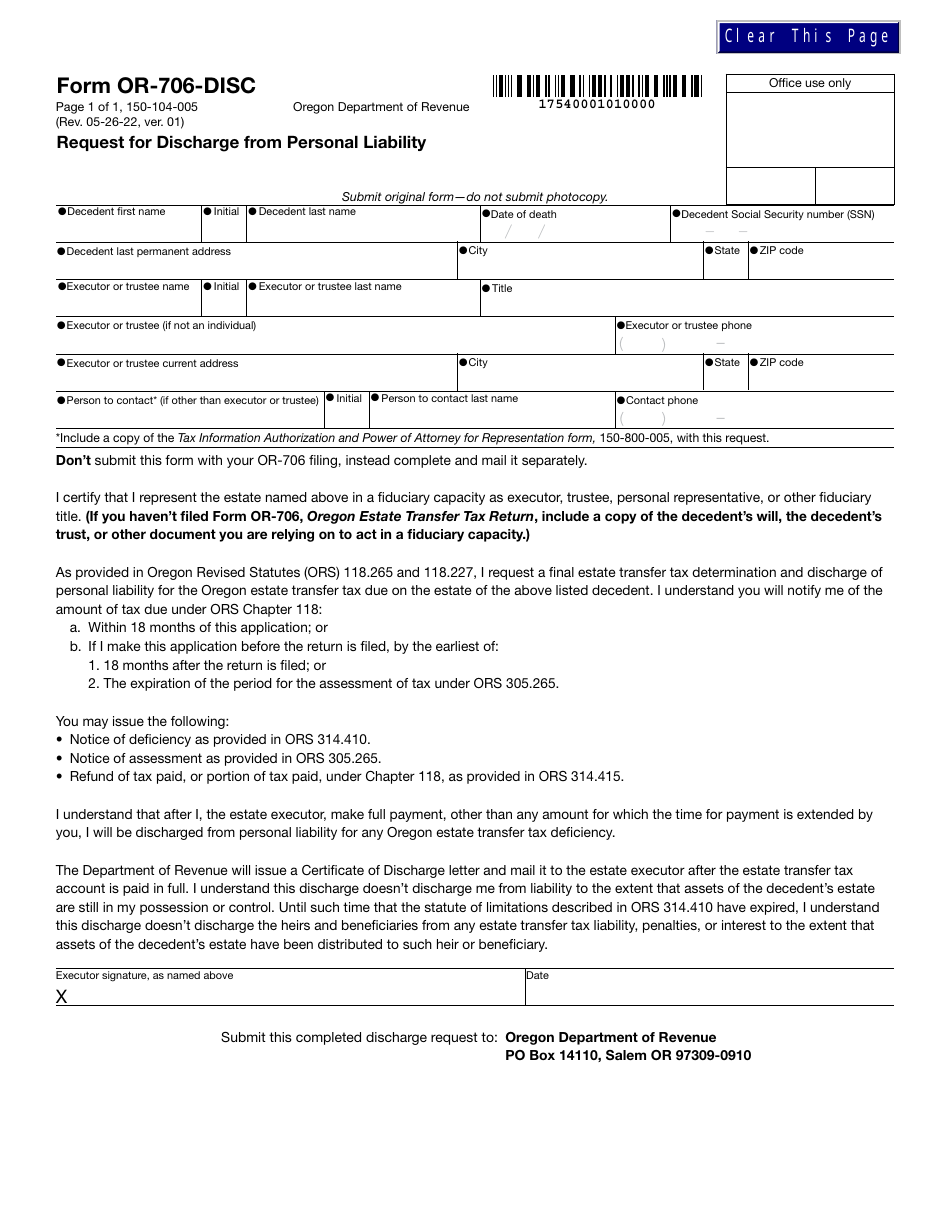 Form OR-706-DISC (150-104-005) Request for Discharge From Personal Liability - Oregon, Page 1