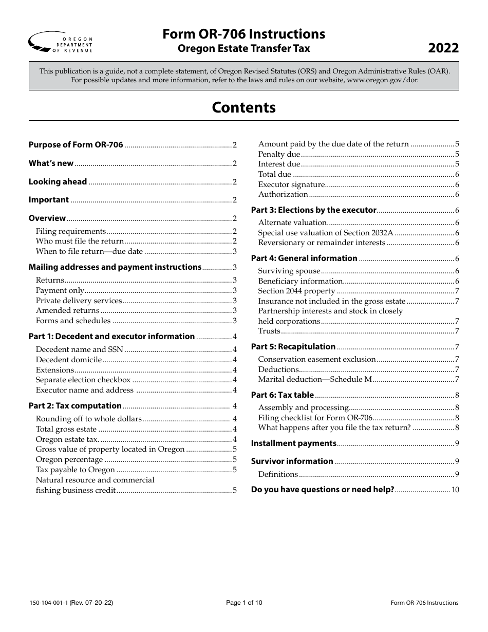 Instructions for Form OR-706, 150-104-001 Oregon Estate Transfer Tax Return - Oregon, Page 1