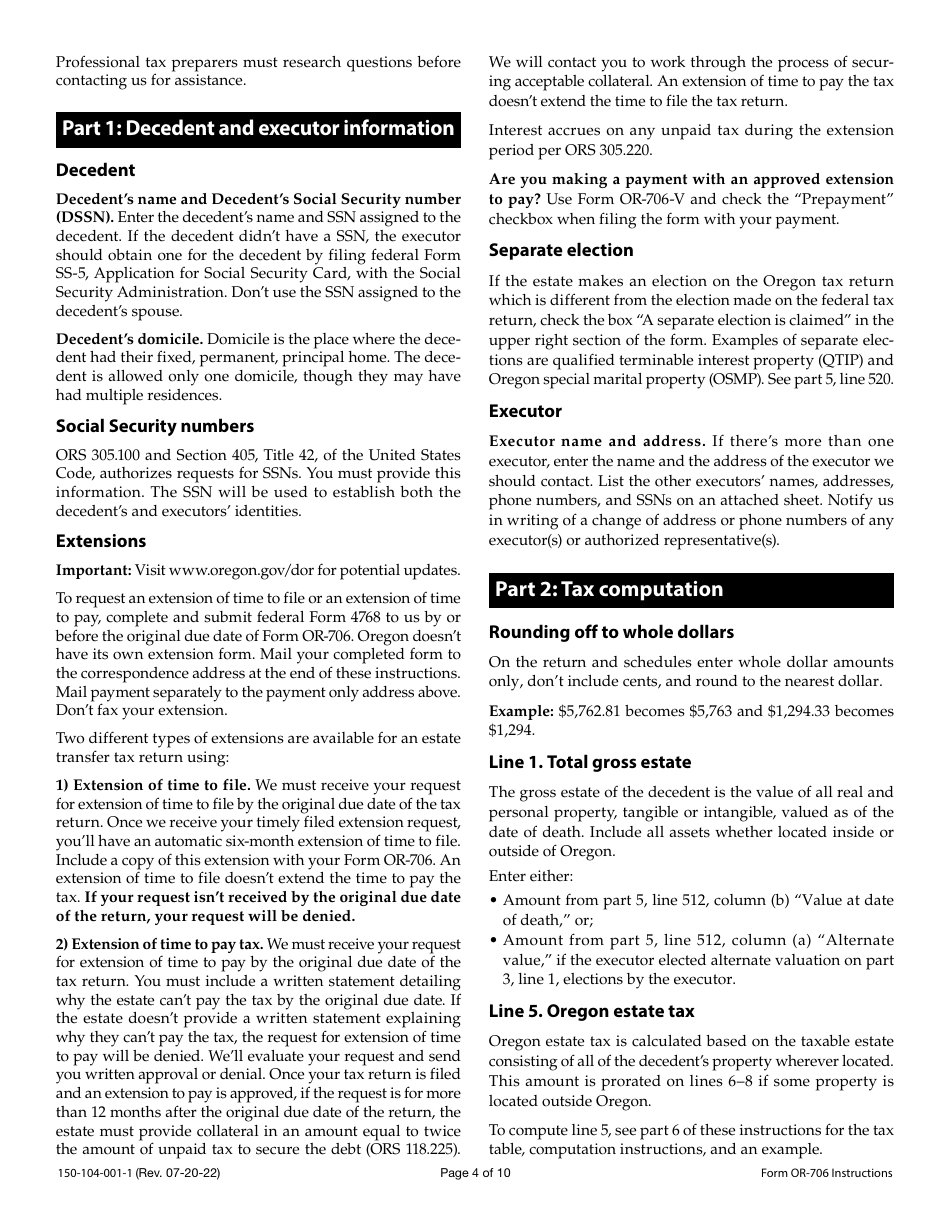 Instructions for Form OR-706, 150-104-001 Oregon Estate Transfer Tax Return - Oregon, Page 4