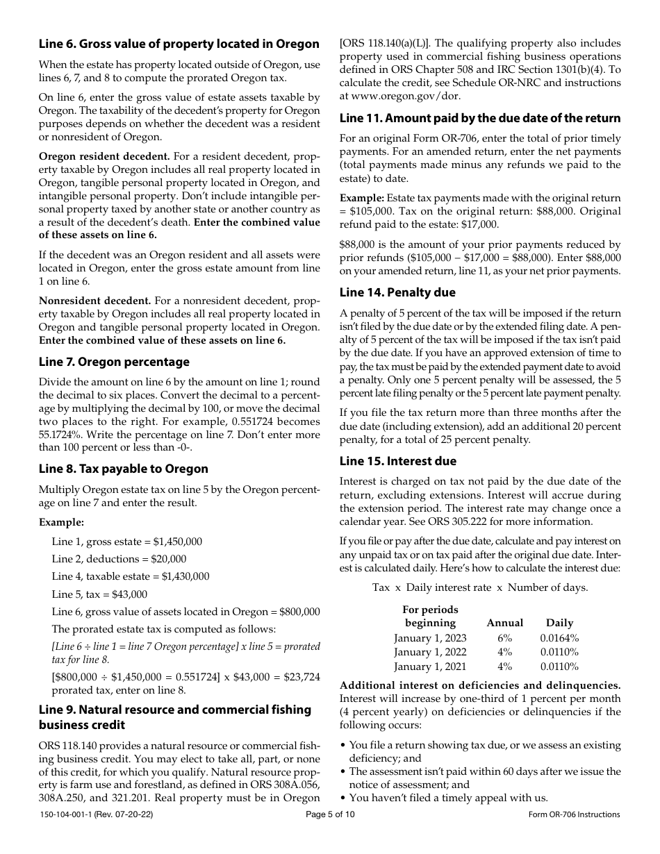 Instructions for Form OR-706, 150-104-001 Oregon Estate Transfer Tax Return - Oregon, Page 5