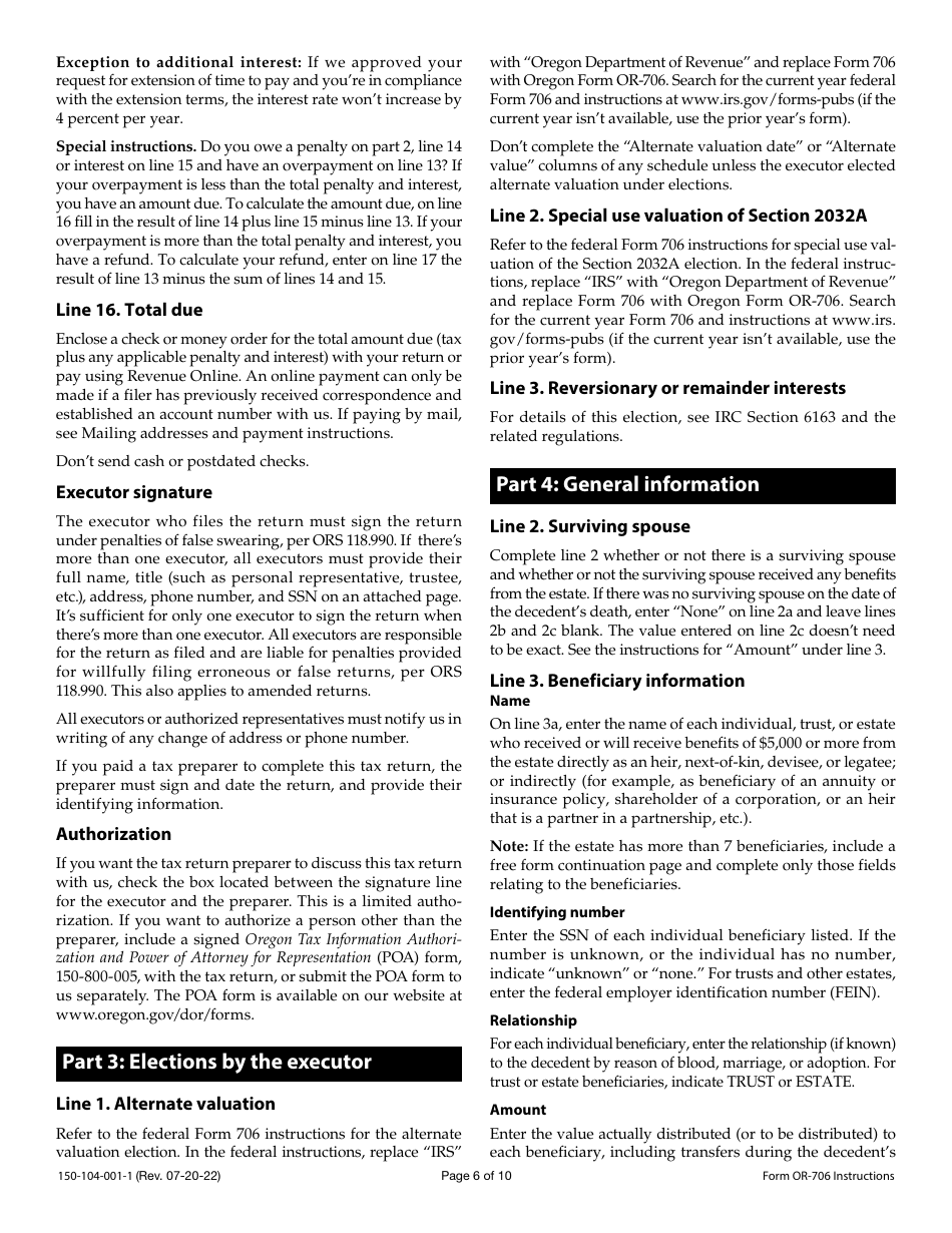 Instructions for Form OR-706, 150-104-001 Oregon Estate Transfer Tax Return - Oregon, Page 6