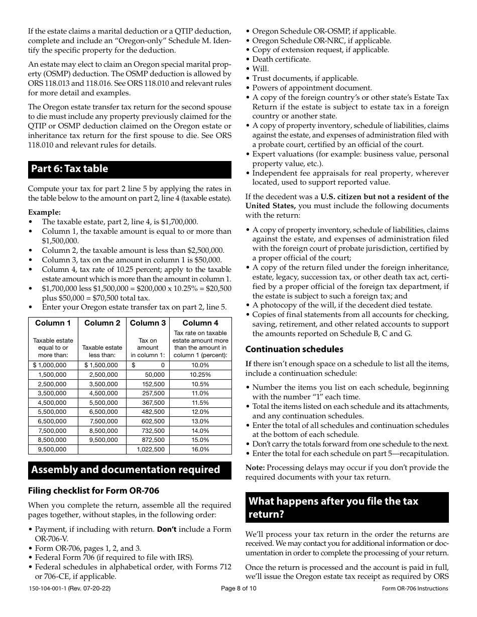 Instructions for Form OR-706, 150-104-001 Oregon Estate Transfer Tax Return - Oregon, Page 8