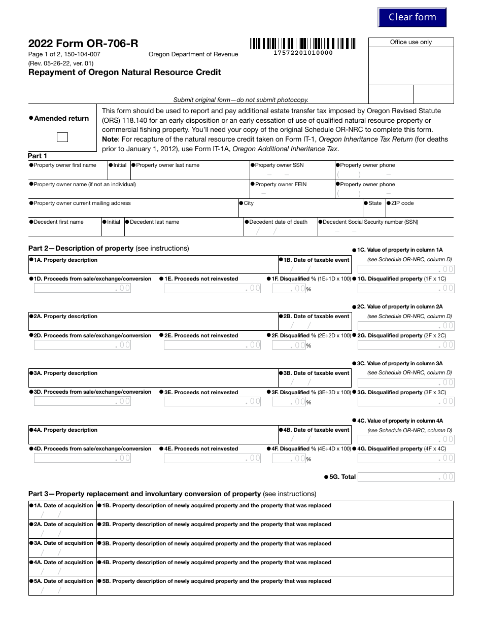 Form OR-706-R (150-104-007) - 2022 - Fill Out, Sign Online and Download ...