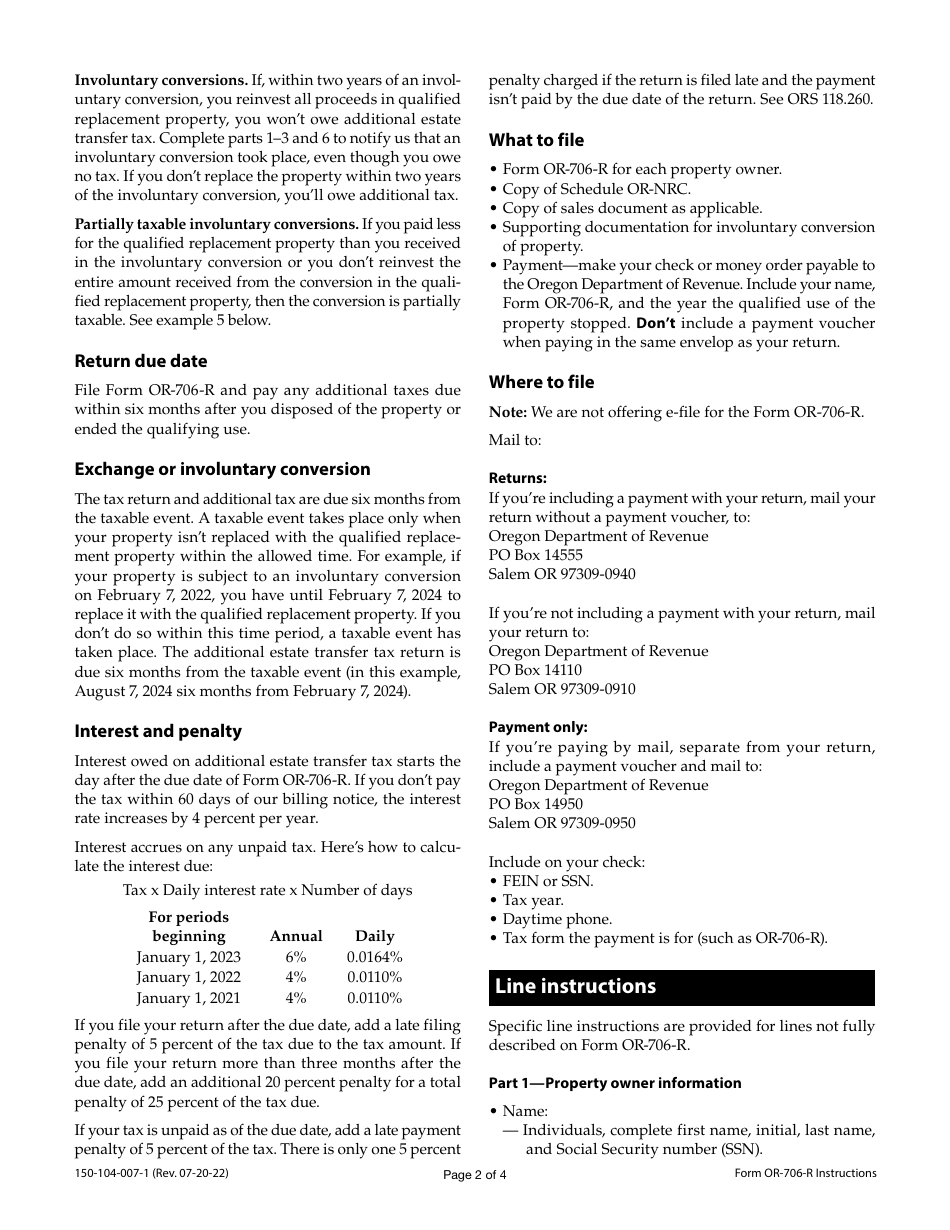 Instructions for Form OR-706-R, 150-104-007 Repayment of Oregon Natural Resource Credit - Oregon, Page 2