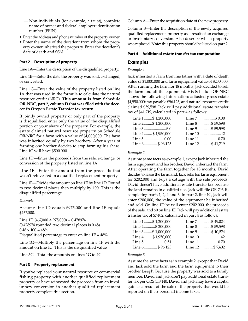 Instructions for Form OR-706-R, 150-104-007 Repayment of Oregon Natural Resource Credit - Oregon, Page 3
