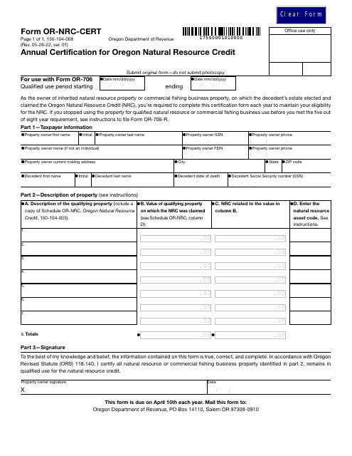 Form OR-NRC-CERT (150-104-008)  Printable Pdf