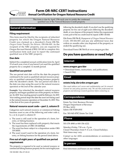 Form OR-NRC-CERT, 150-104-008  Printable Pdf