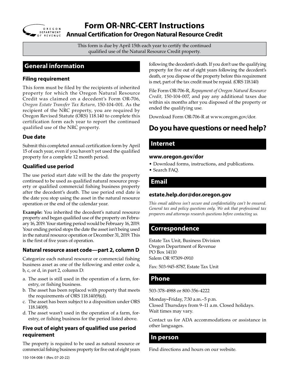 Instructions for Form OR-NRC-CERT, 150-104-008 Annual Certification for Oregon Natural Resource Credit - Oregon, Page 1