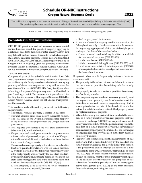 Form 150-104-003 Schedule OR-NRC 2022 Printable Pdf