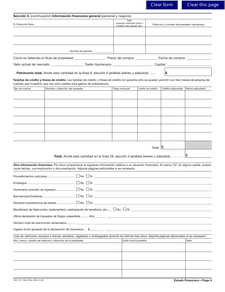 Formulario OR-SFC (SP) (150-101-159-5) Estado De Situacion Financiera - Oregon (Spanish), Page 4