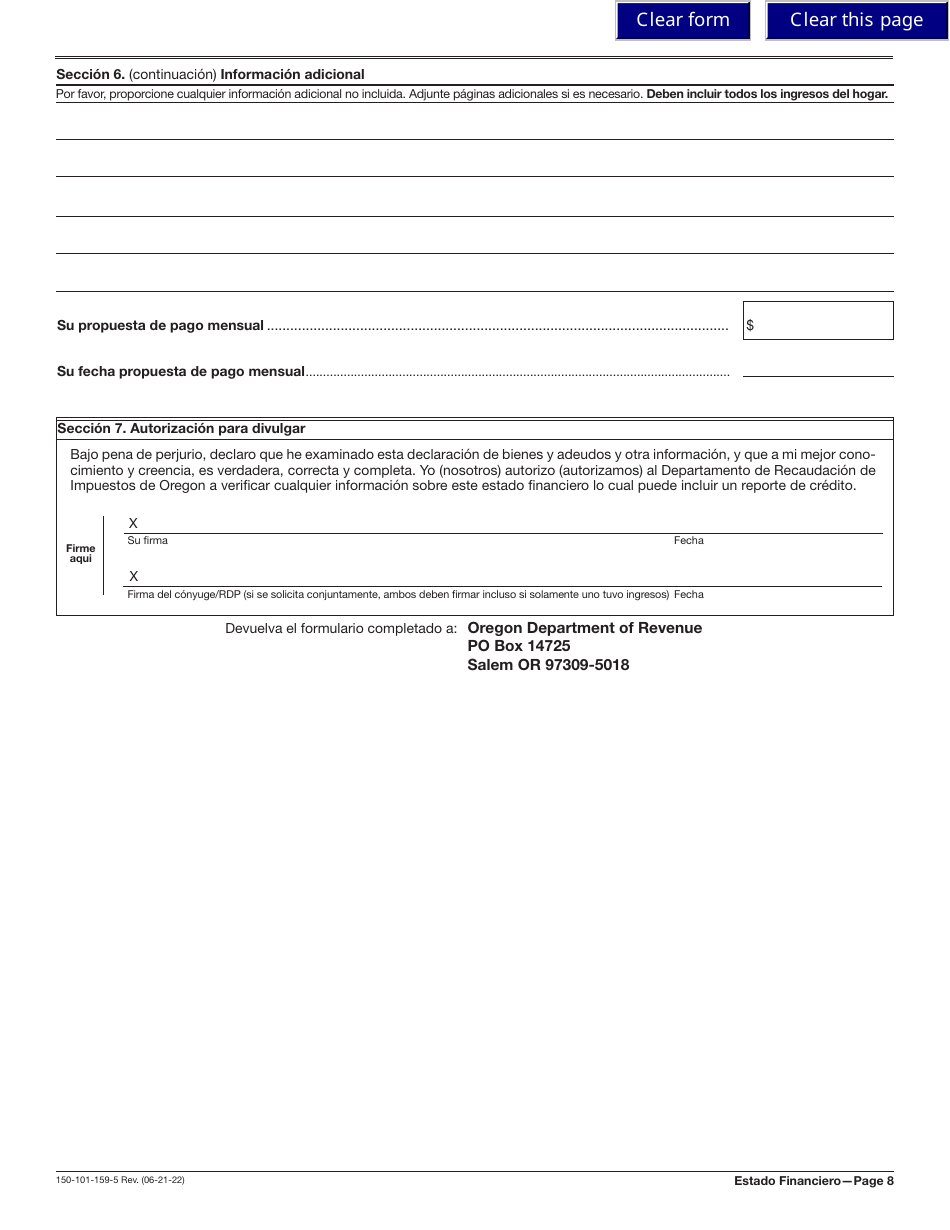 Formulario OR-SFC (SP) (150-101-159-5) Estado De Situacion Financiera - Oregon (Spanish), Page 8