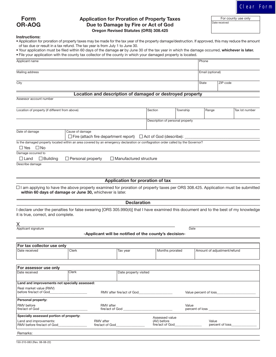 Form OR-AOG (150-310-083) Application for Proration of Property Taxes Due to Damage by Fire or Act of God - Oregon, Page 1