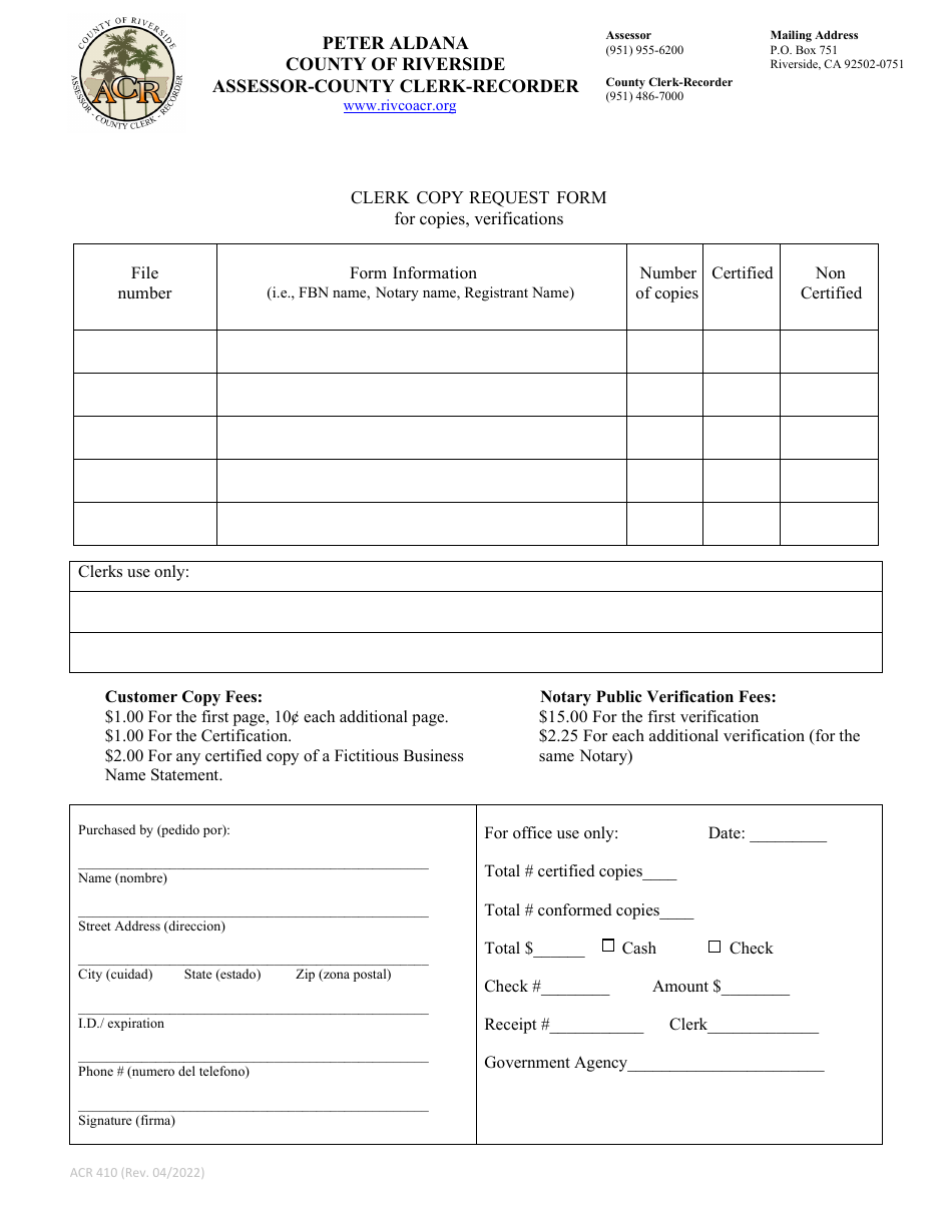 Form ACR410 Clerk Copy Request Form - County of Riverside, California, Page 1