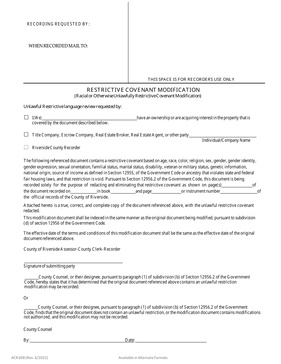 Form ACR608 Restrictive Covenant Modification (Racial or Otherwise Unlawfully Restrictive Covenant Modification) - County of Riverside, California, Page 1